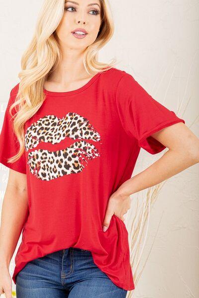 Heimish Full Size Leopard Lip Round Neck Short Sleeve T-Shirt Plus Size - Clothes For Her Online Store