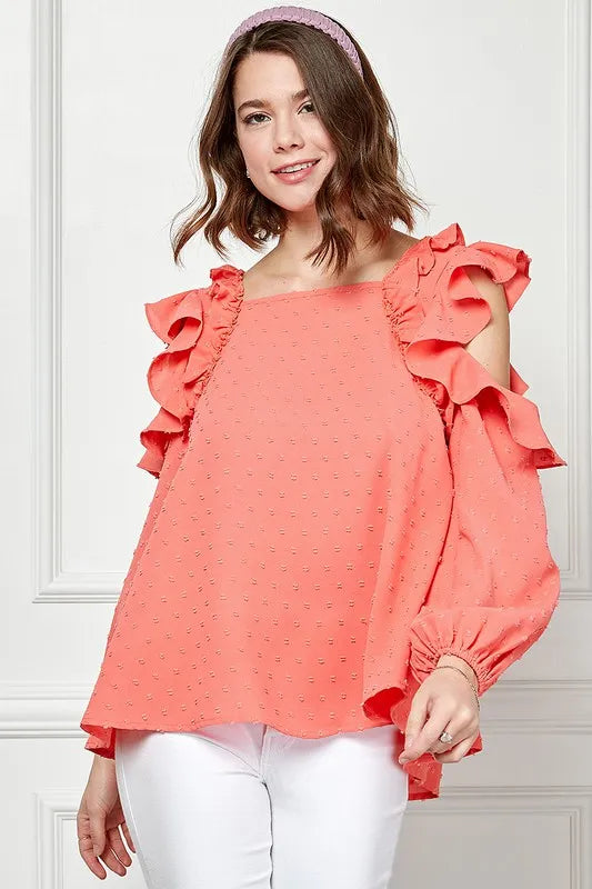 Lime 'N' Chili Ruffle Trim Cold Shoulder Swiss Dot Blouse