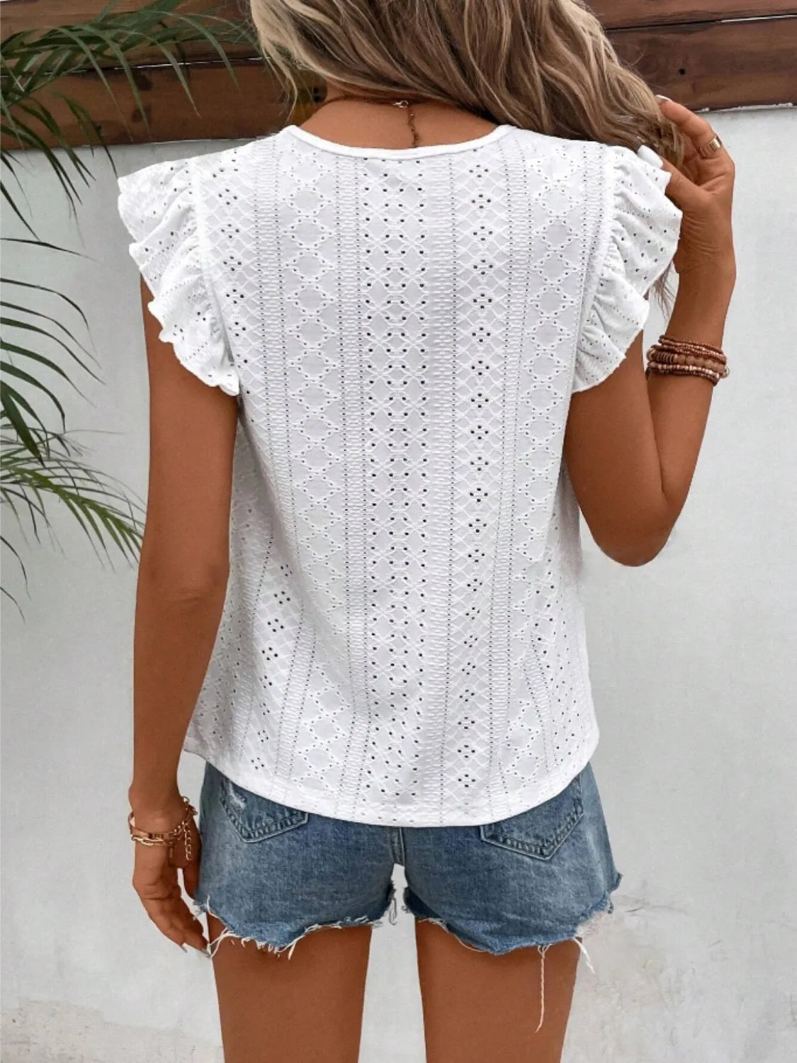 Eyelet Round Neck Cap Sleeve Top