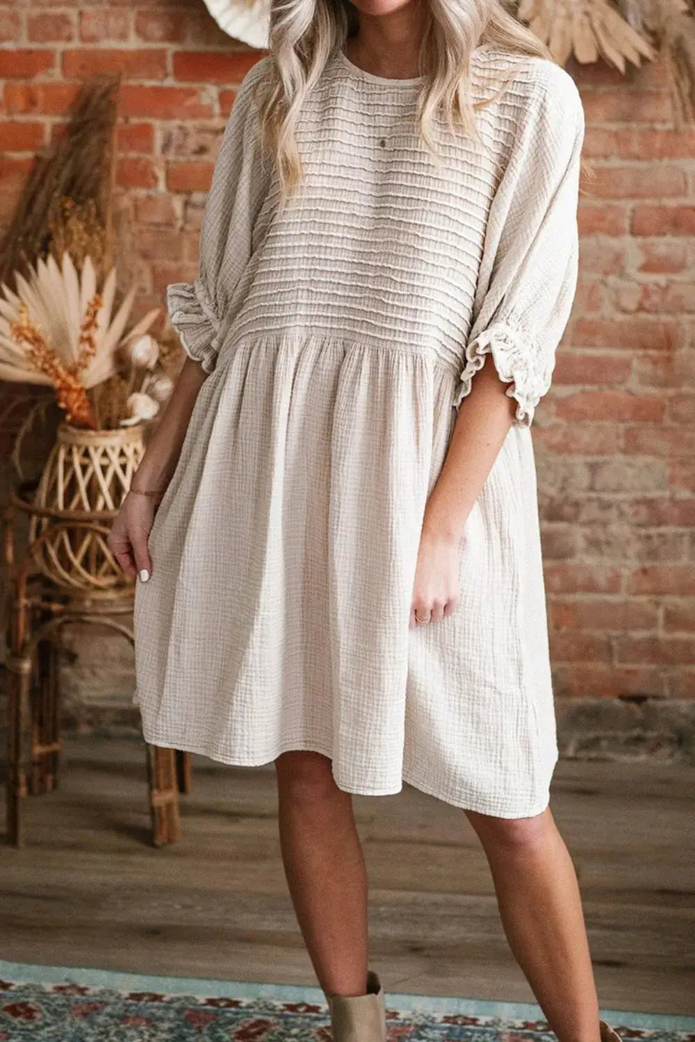 Textured Ruffled Puff Sleeve Loose Dress - Clothes For Her Online Store