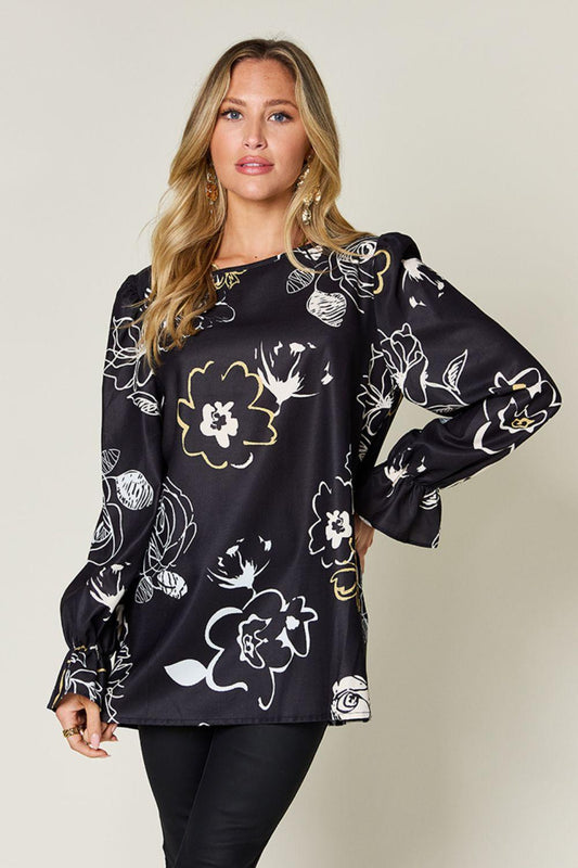 Double Take Full Size Printed Flounce Sleeve Blouse