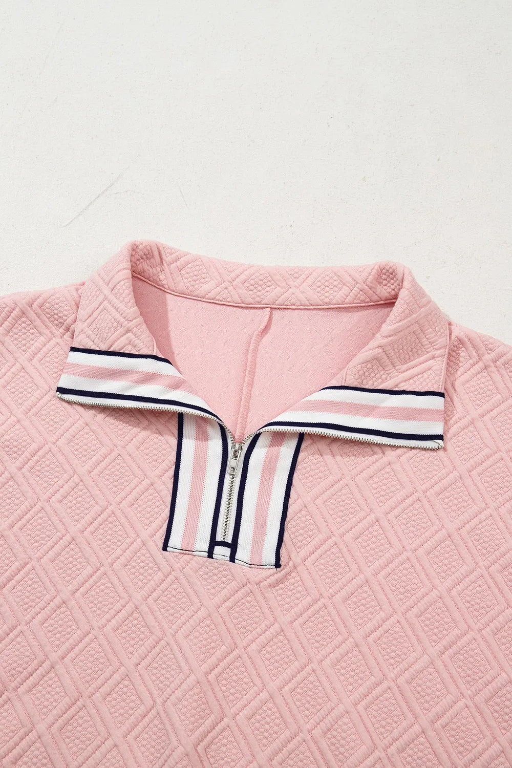 Contrast Striped Collar Patchwork Textured Half Sleeve Blouse