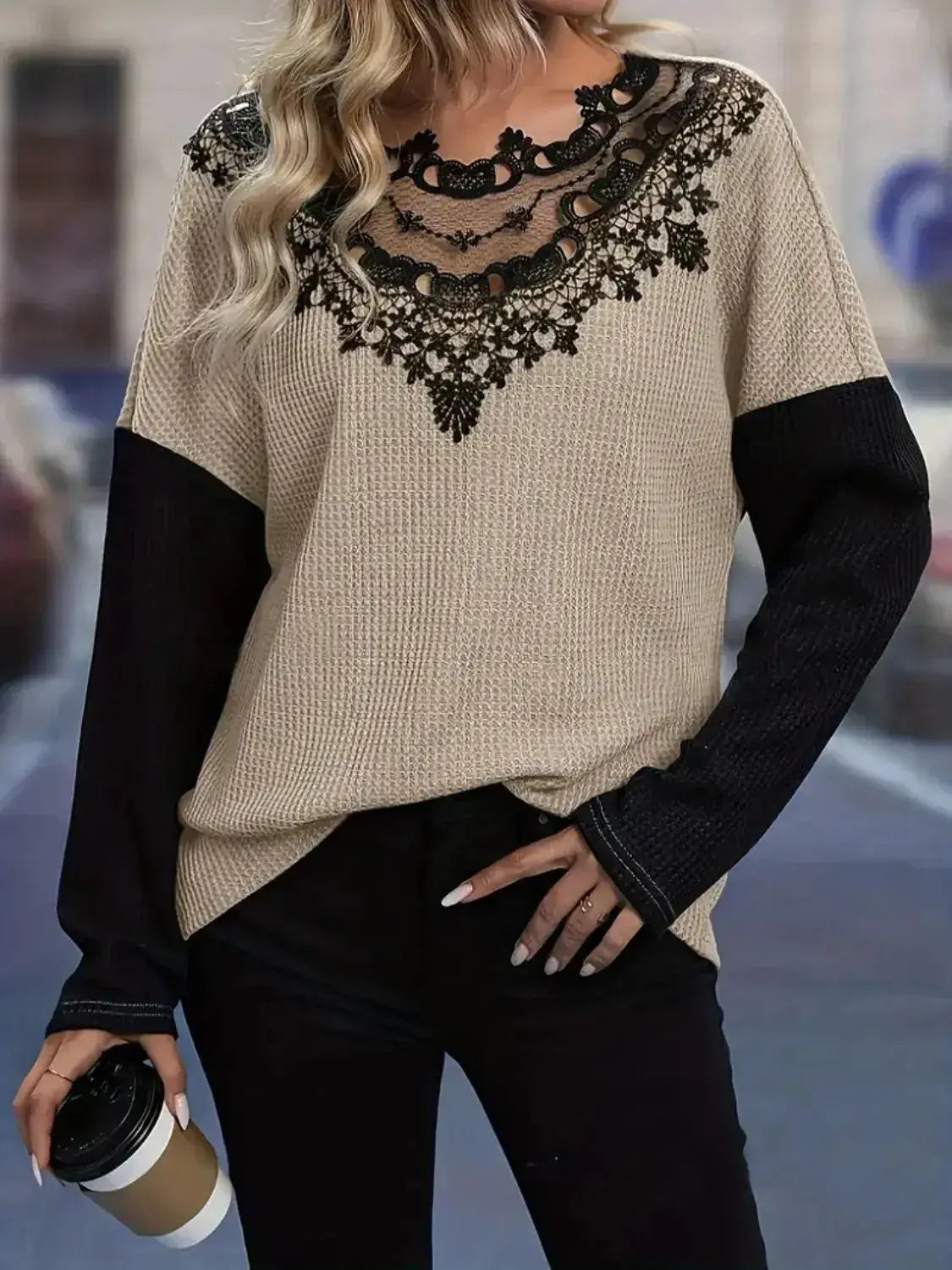 Contrast Lace Round Neck Long Sleeve T-Shirt - Clothes For Her Online Store