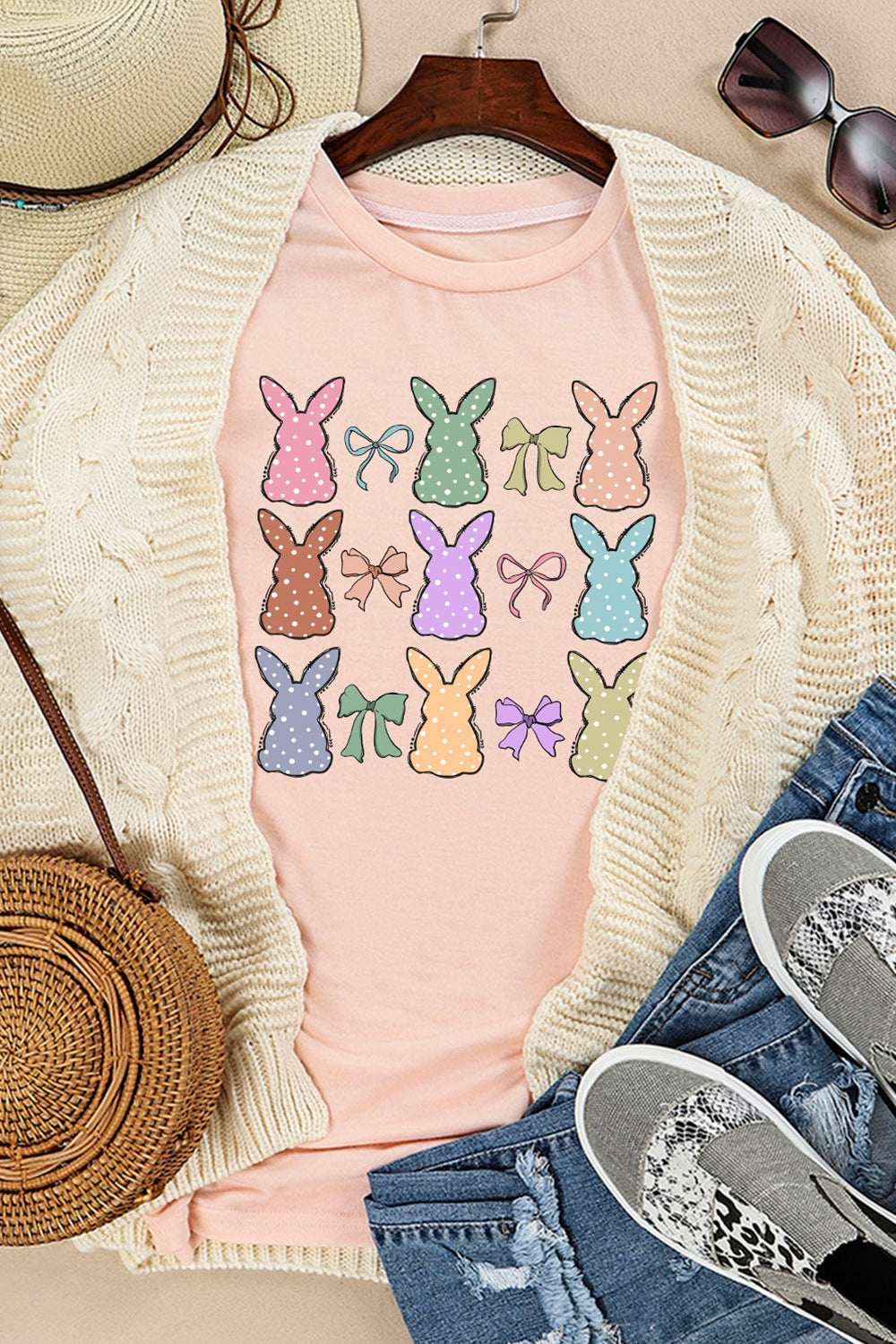 Dotty Bunny Bow Graphic Short Sleeve T-Shirt - Clothes For Her Online Store
