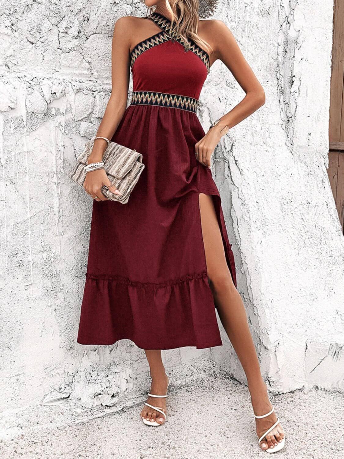 Devine Ruffled Slit Sleeveless Midi Dress