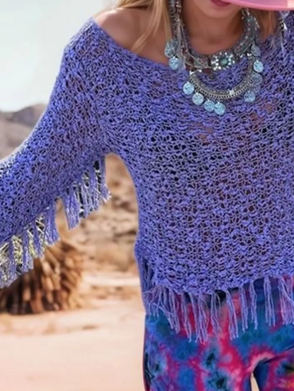 Tassel Boat Neck Knit Cover Up