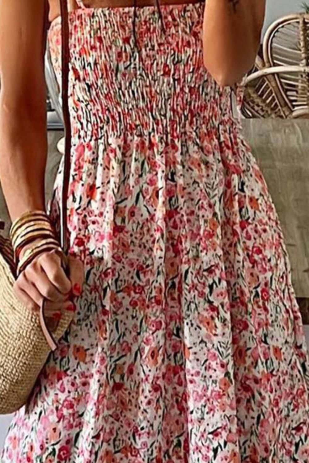 Smocked Floral Spaghetti Strap Dress - Clothes For Her Online Store