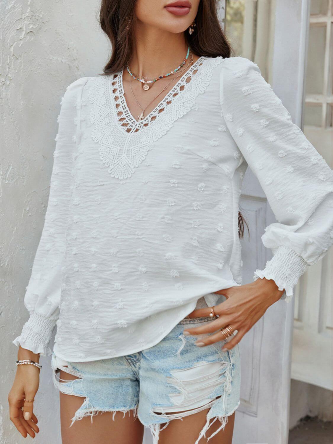 Devine Swiss Dot Lace Detail V-Neck Long Sleeve Blouse