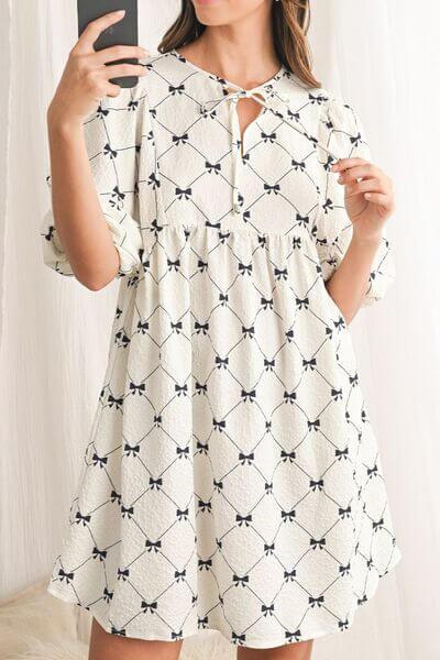Bow Print Tie Neck Half Sleeve Dress - Clothes For Her Online Store