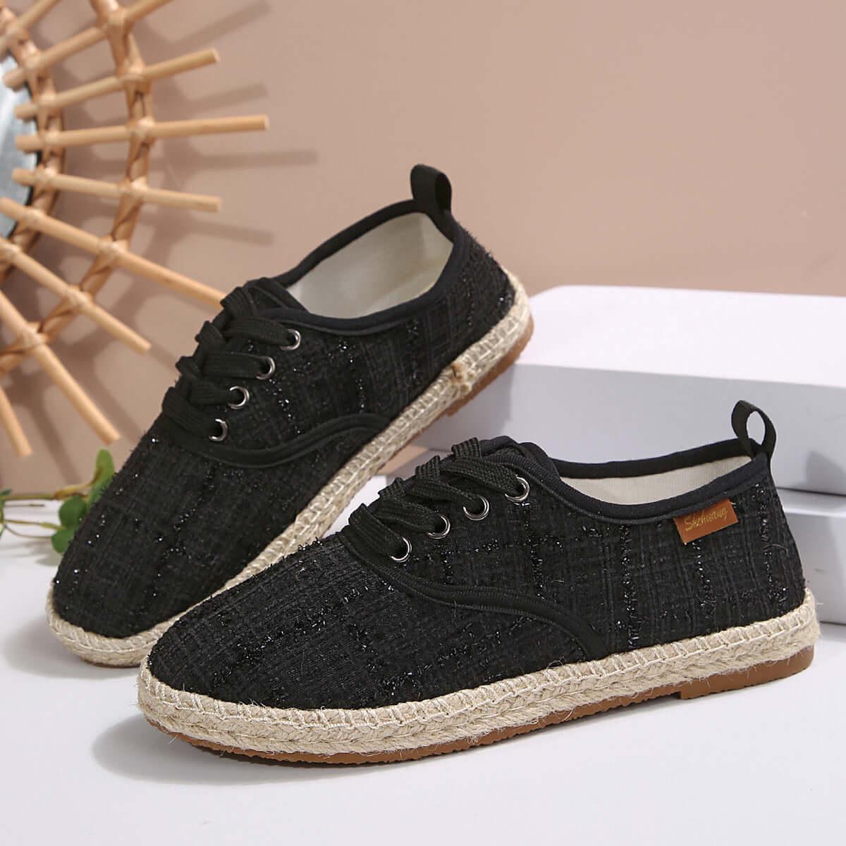 Lace Up Round Toe Flats Tweed Sneakers