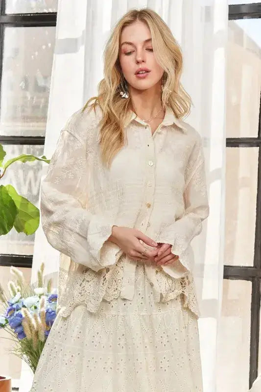 ADORA Crochet Lace Long Sleeves Button Down Shirt - Clothes For Her Online Store