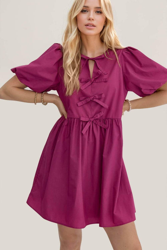 Oh Bow Ruched Puff Sleeve Mini Dress - Clothes For Her Online Store