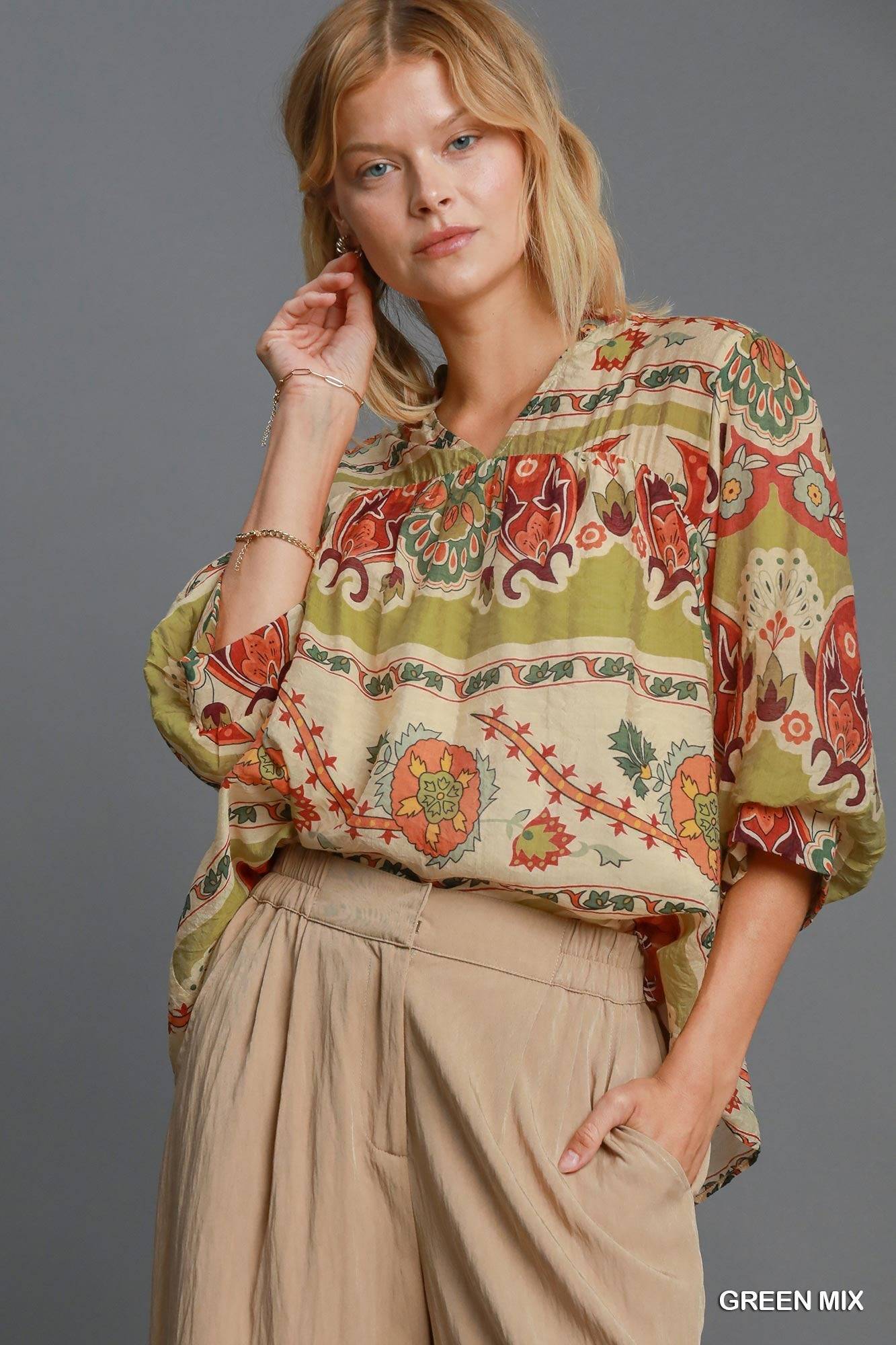 Umgee Full Size Border Print Notched 3/4 Puff Sleeve Blouse Plus Size - Clothes For Her Online Store