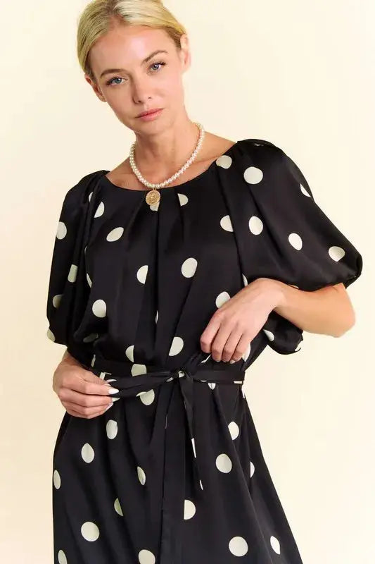 Davi & Dani Polka Dot Puff Sleeves Waist Tie Midi Dress - Clothes For Her Online Store