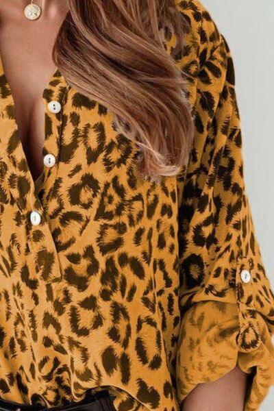 Leopard Button Detail Notched Long Sleeve Blouse