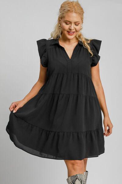 Umgee Full Size Johnny Collar Ruffle Cap Sleeve Tiered Dress Plus Size