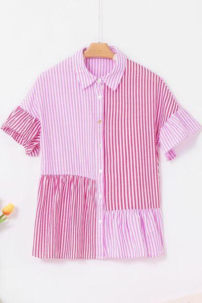 Button Down Striped Ruffled Hem Shirt