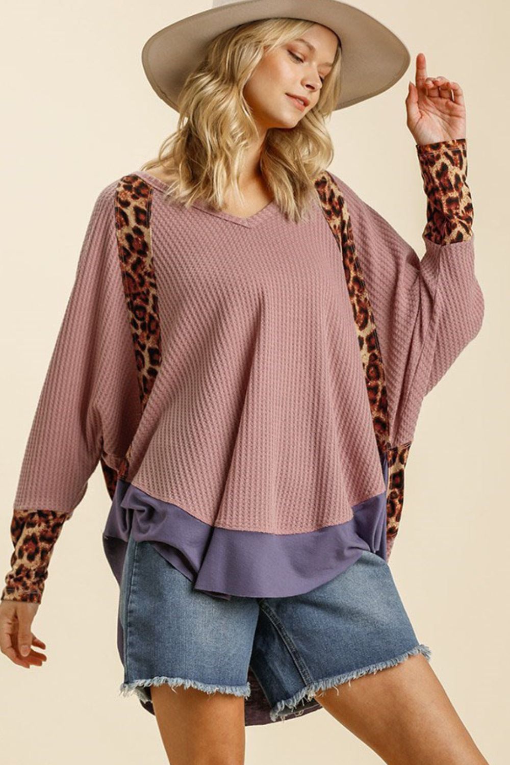 Umgee Full Size Leopard High-Low Dolman Sleeve Waffle Knit Top Plus Size - Clothes For Her Online Store