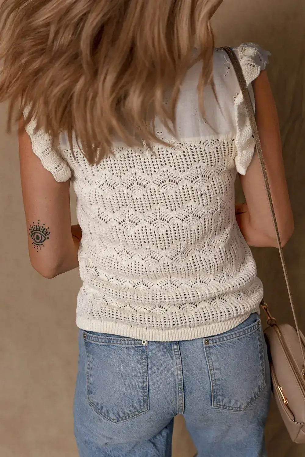 Embroidered Patchwork Hollow Out Knitted Ruffle Sweater Vest - Clothes For Her Online Store