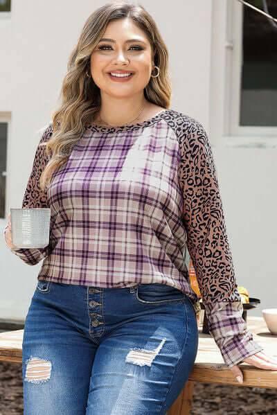 Plus Size Leopard Raglan Sleeve Plaid T-Shirt - Clothes For Her Online Store