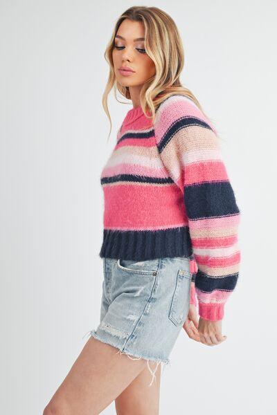 Aemi + Co Striped Ribbed Neckline Raglan Sleeve Sweater