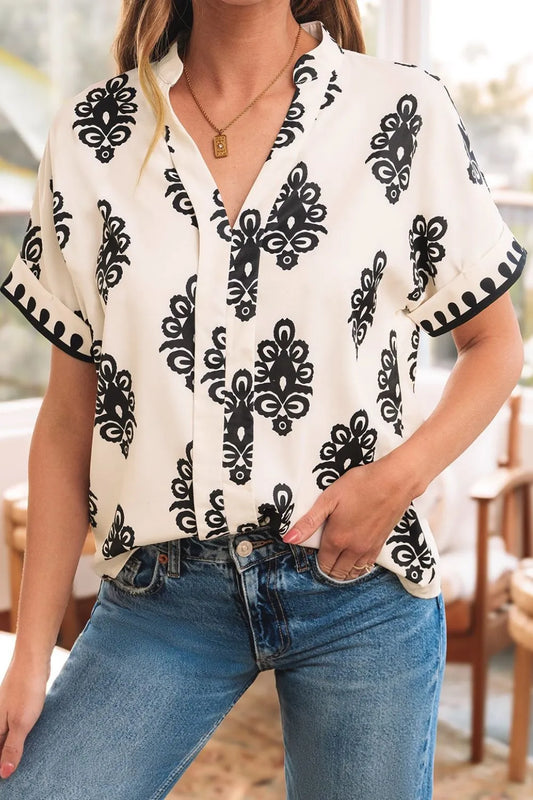 Printed Short Sleeve Loose Blouse