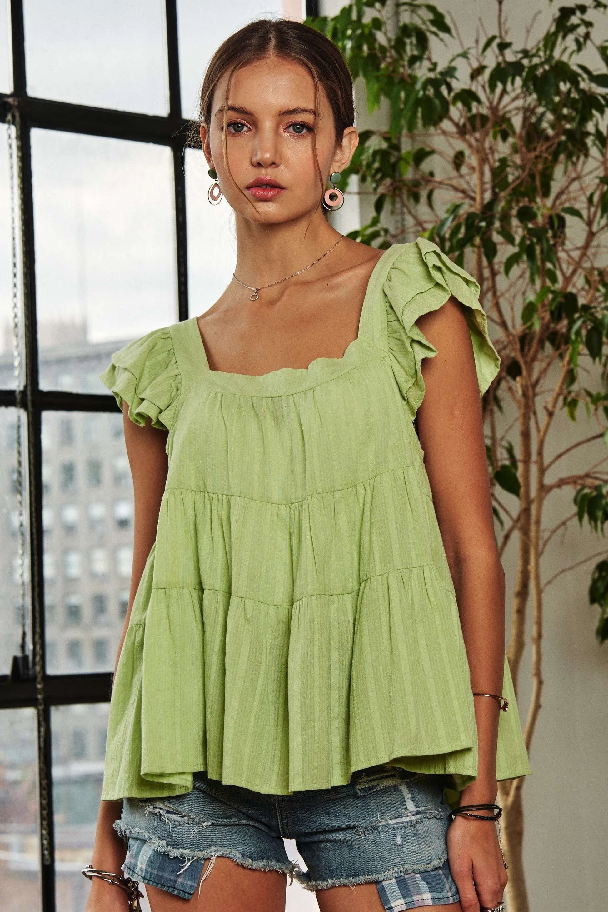 ADORA Ruffle Sleeve Babydoll Tunic Top