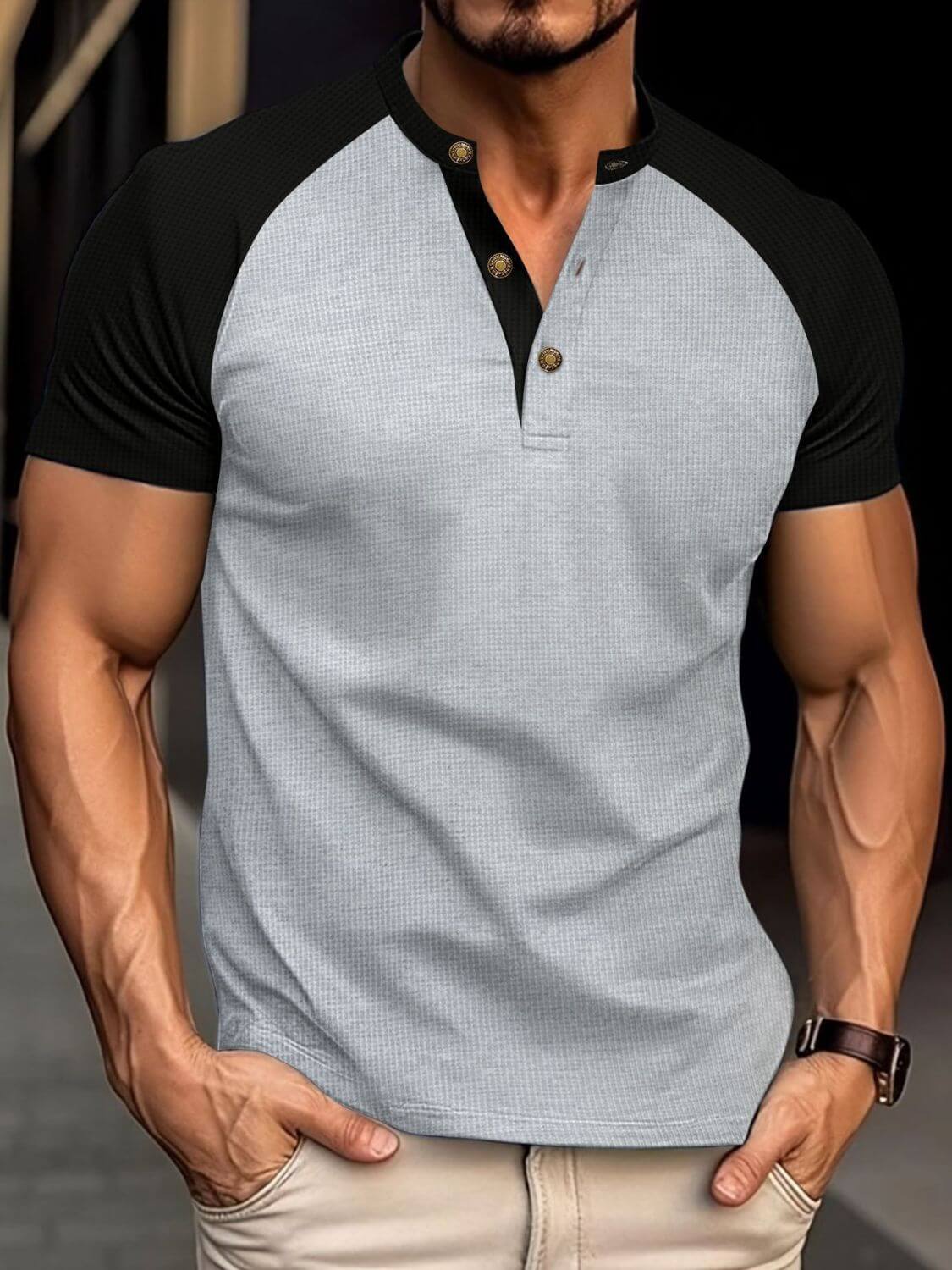 Men's Full Size Waffle-Knit Round Neck Contrast Polo Plus Size