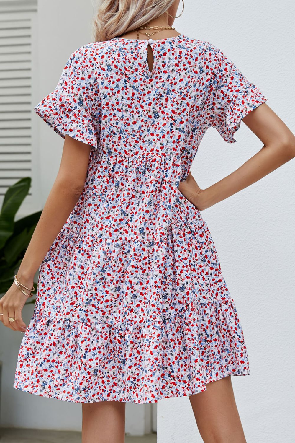 Ditsy Floral Flounce Sleeve Tiered Dress