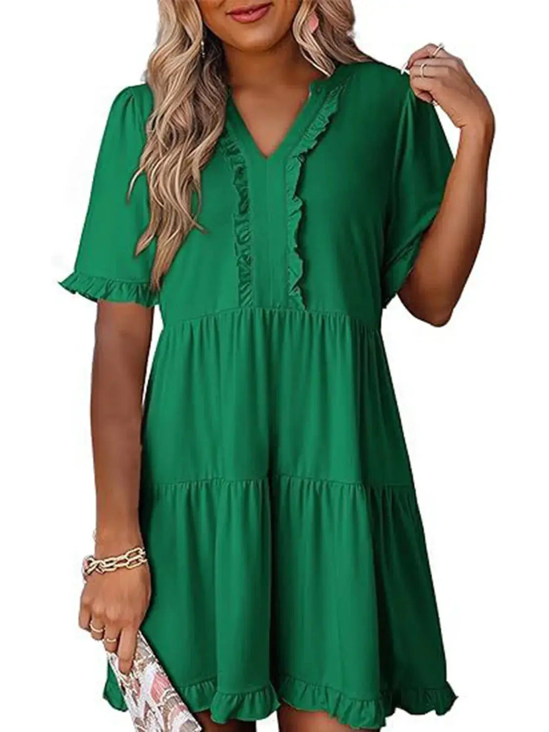 Tiered Notched Short Sleeve Mini Dress - Clothes For Her Online Store