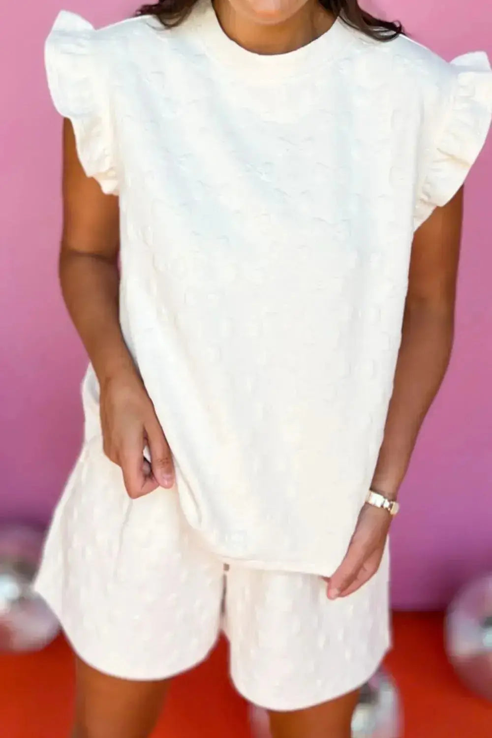 Bow Texture Round Neck Top and Shorts Set - Clothes For Her Online Store