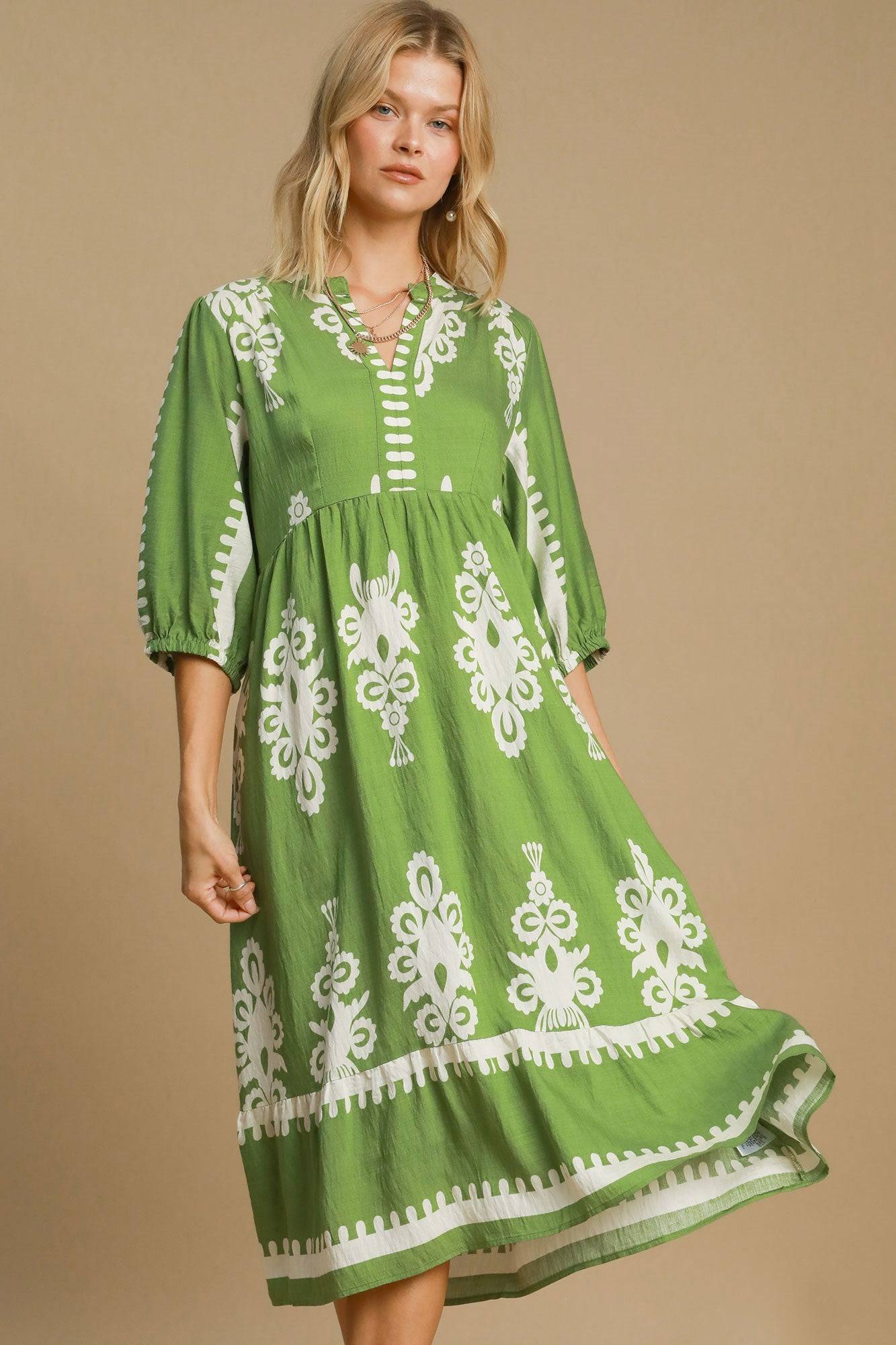 Umgee Printed Notched Midi Dress - Clothes For Her Online Store