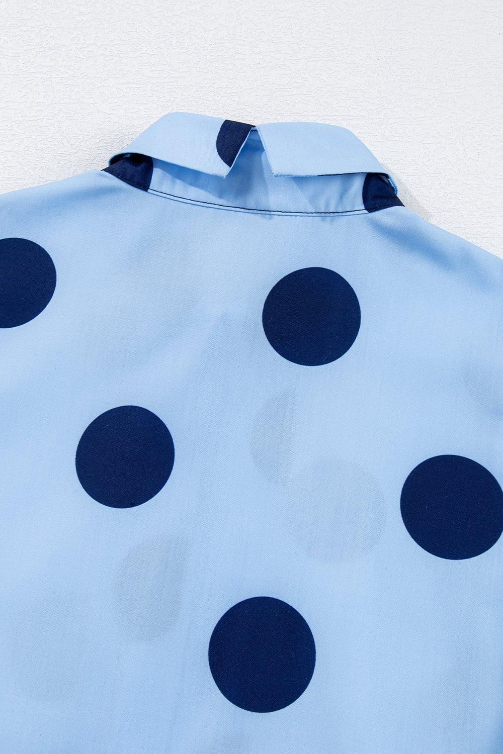 Polka Dot Print Ruffled Short Sleeve Buttoned Collared Blouse