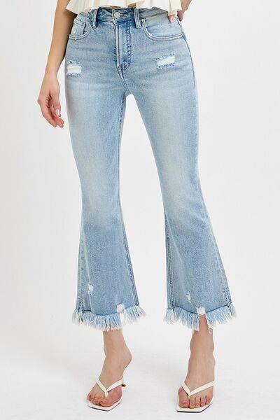 RISEN Full Size Raw Hem Distressed Cropped Flare Jeans Plus Size - Clothes For Her Online Store
