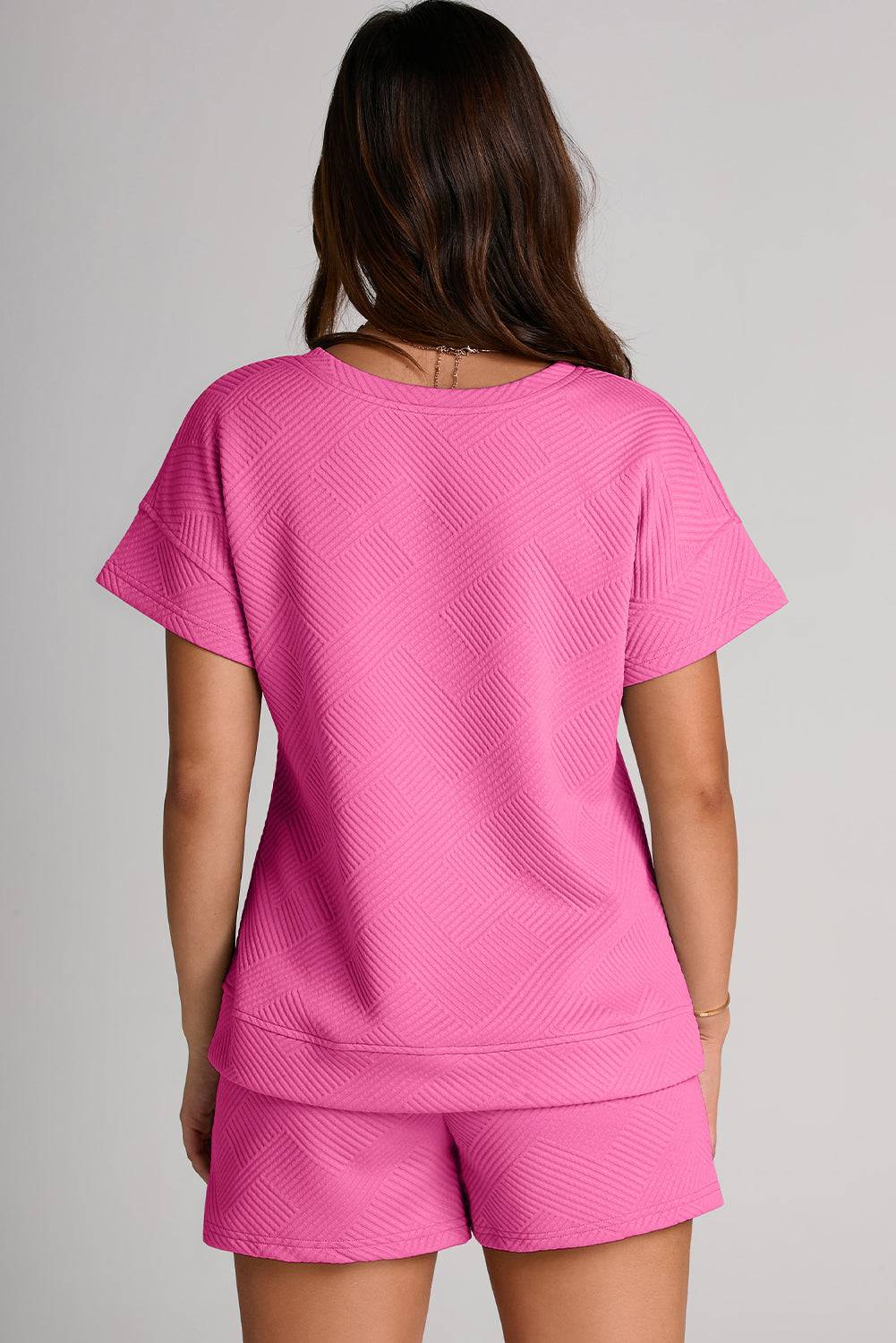 Textured Round Neck T-Shirt and Shorts Set - Clothes For Her Online Store