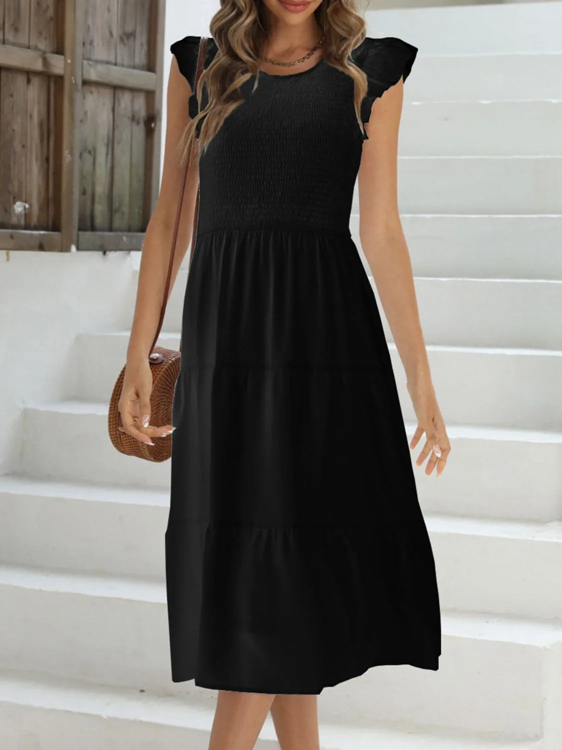 Ruffled Round Neck Cap Sleeve Dress