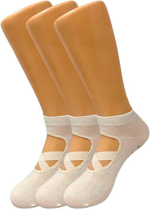 Women's Non-Slip Grip Yoga Socks with Straps, 3 Pairs for Pilates and