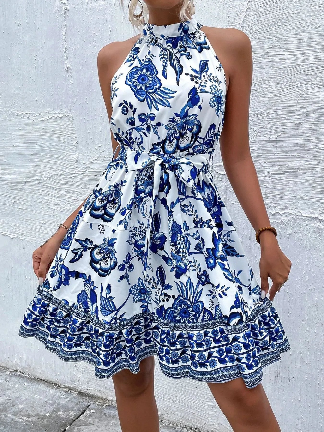 Floral Halter Neck Summer Dress with Belt