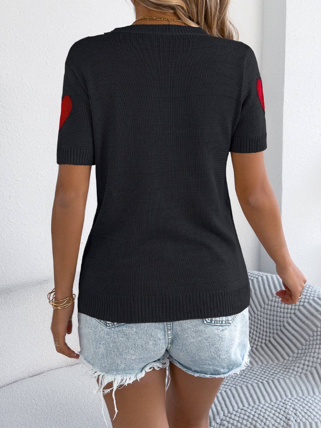 Heart Round Neck Short Sleeve Knit Top - Clothes For Her Online Store