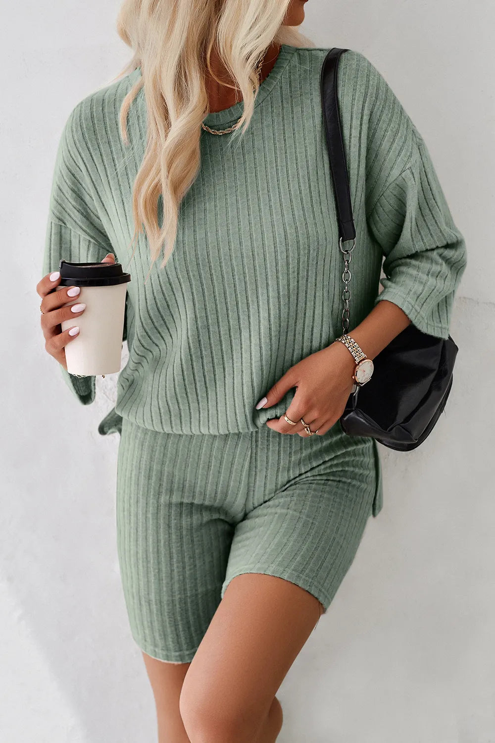 Devine Ribbed Round Neck Top and Shorts Set - Clothes For Her Online Store
