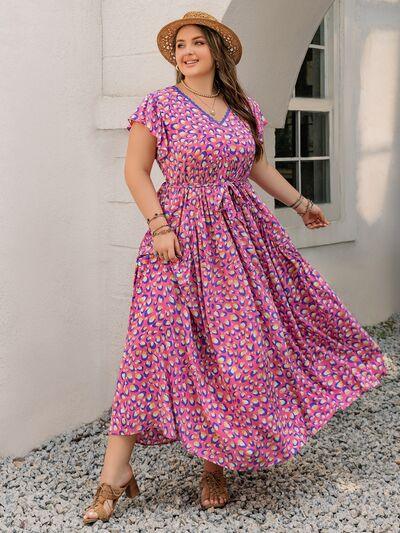 Plus Size Printed V-Neck Flutter Sleeve Tie Waist Maxi Dress