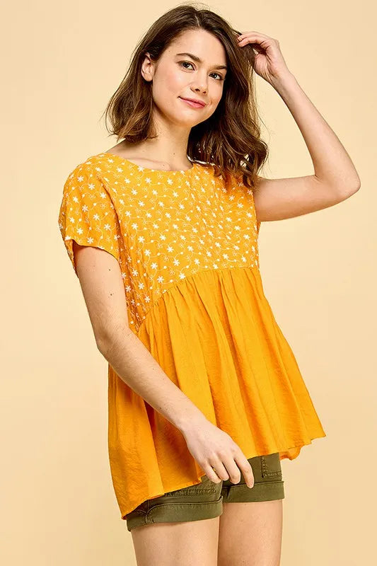 Lime 'N' Chili Embroidered Short Sleeve Pleated Babydoll Top