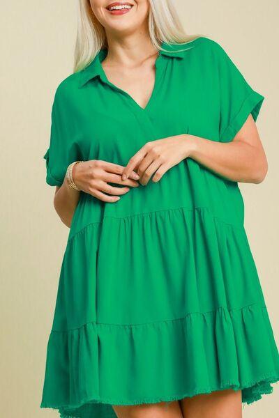 Umgee Full Size Raw Hem Folded Sleeve Tiered Dress Plus Size