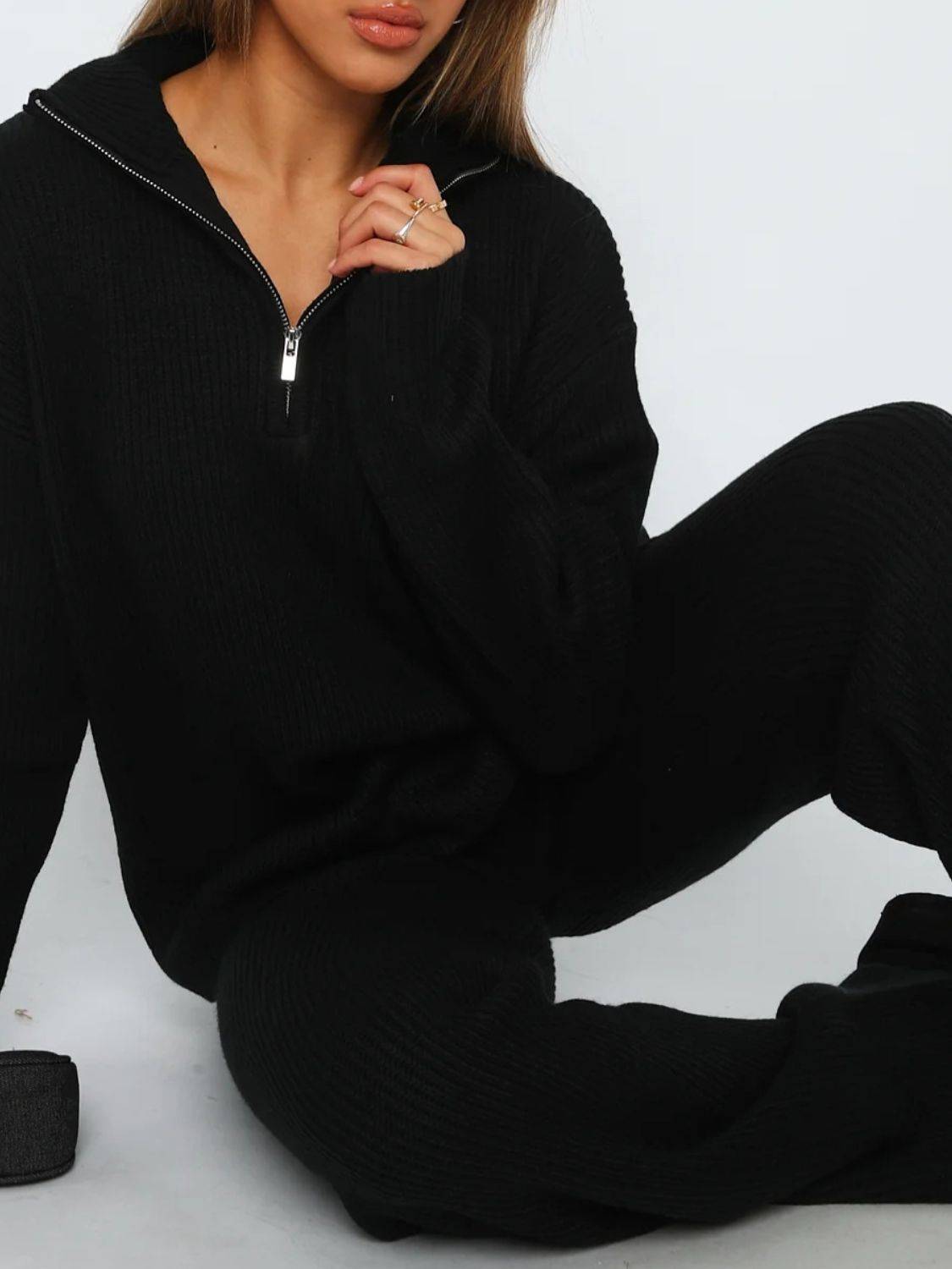 Quarter Zip Long Sleeve Top and Pants Set - Clothes For Her Online Store