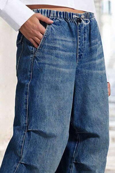 Drawstring Waist Wide Leg Shirred Jeans