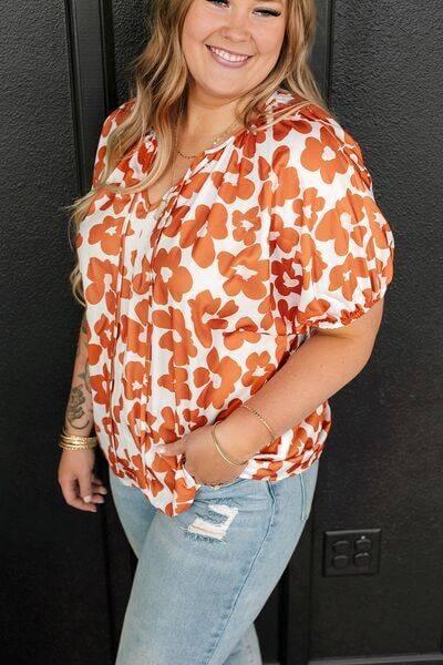 Plus Size Printed Tie Neck Short Sleeve Blouse