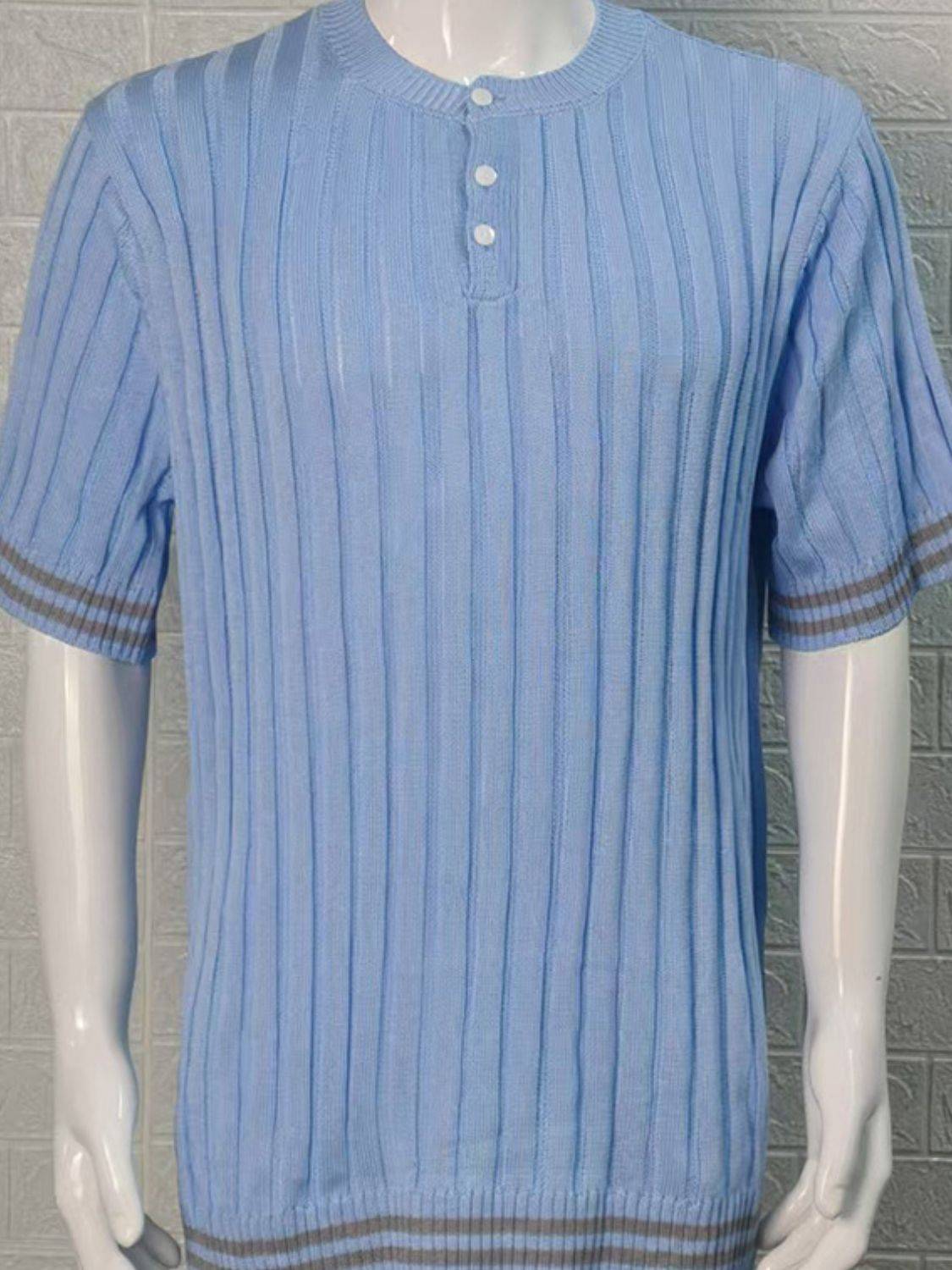 Men's Plus Size Ribbed Quarter Button Round Neck Striped Trim Polo