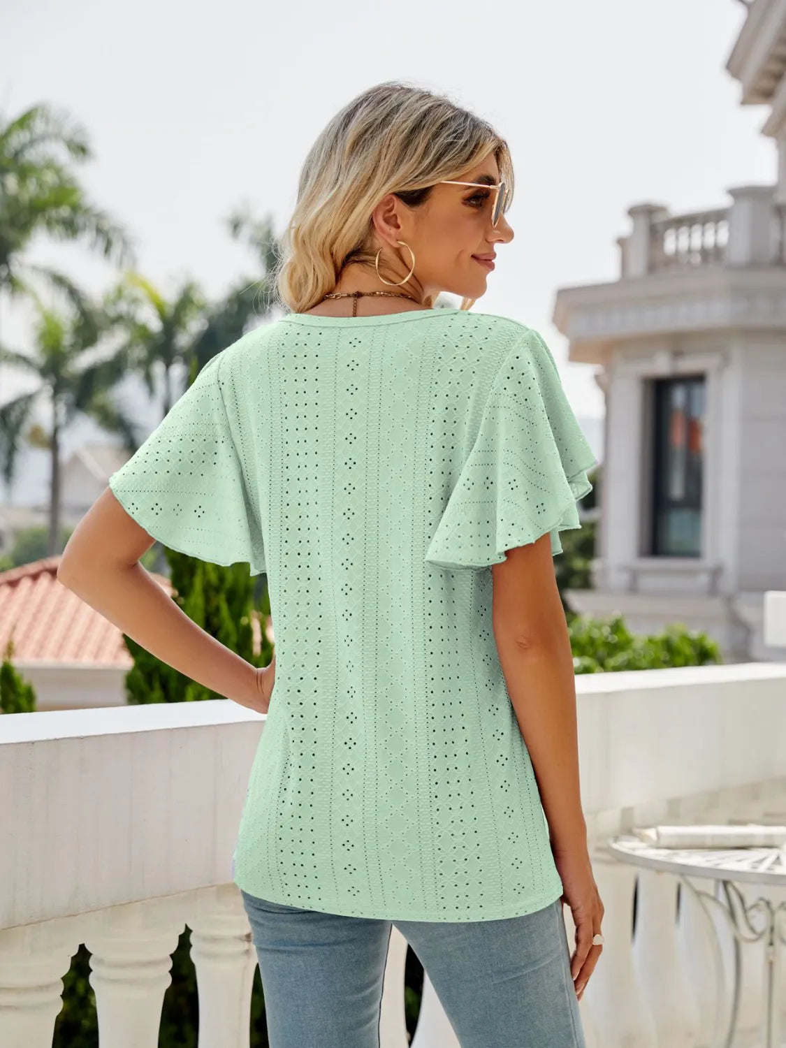 Eyelet Round Neck Flutter Sleeve T-Shirt