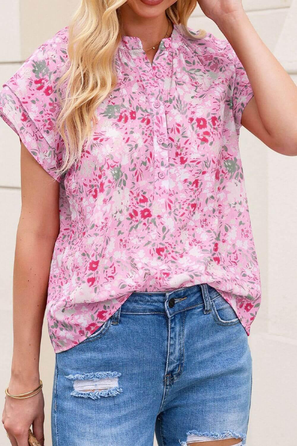 Floral Half Button Round Neck Short Sleeve Blouse