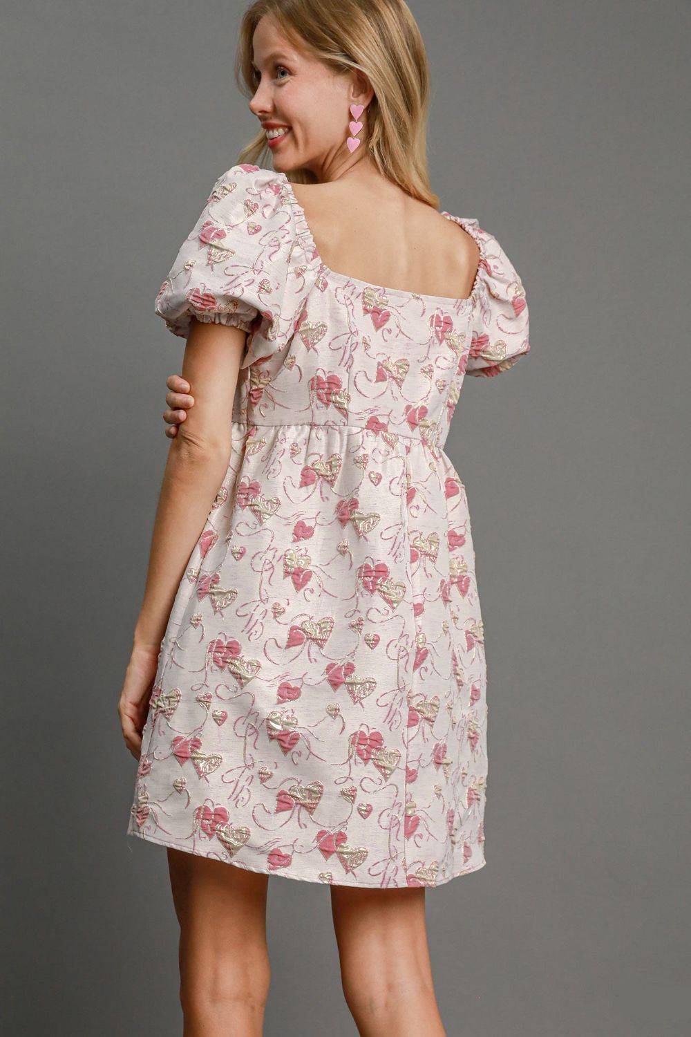 Umgee Heart Jacquard Square Neck Puff Sleeve Mini Dress - Clothes For Her Online Store